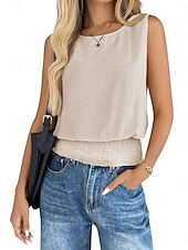 cheap Tank Tops &amp; Camis-Women's T Shirt Tank Top Patchwork Solid Color Stylish Classic Casual Sleeveless Crew Neck Regular Tops Daily Going out Weekend Black White Apricot Light Blue Summer Spring