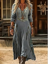 tanie Etniczna sukienka boho-Damskie Sukienka midi Sukienka Boho Zabytkowa sukienka Codzienne sukienki Moda Klasyczny Nowoczesny Codzienny Na zewnątrz Urlop Regularny Kwiaty Długi rękaw W serek Niebieski Czerwony Granatowy