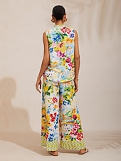 economico pantaloni da donna-pantaloni a gamba larga effetto lino leggero, perfetti per le vacanze in un giardino di agrumi.