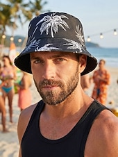 abordables Chapeaux pour hommes-Bob réversible pour homme en polyester, chapeau de soleil à imprimé palmiers multicolores, casquette de pêcheur tropicale décontractée idéale au quotidien, en voyage, en vacances et en séjour balnéaire.