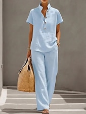 ieftine Seturi-Pentru femei Seturi de pantaloni In din bumbac artificial Manșon scurt Guler de stand Culoare solidă Modă Șic Stradă Casual Zilnic În aer liber Albastru piscină Galben Trifoi Primavara vara Potrivire