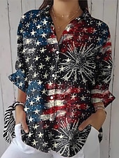  Amerikaanse onafhankelijkheidsdag Dames Overhemd Met ruches Grafisch Vlag Vintage Stijlvol Lange mouw Flutter mouw Bel Overhemdkraag Normale tops Dagelijks Werk Feestdagen blauw Zwart Marineblauw