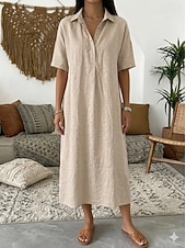 voordelige Witte jurk-Dames Halflange jurk Zonnejurk Zomerjurk Vakantie Casual Boho Dagelijks Feestdagen Uitgaan Ruim Passend Effen Korte mouw Revers blauw Grijs roze Zwart Geel Zomer Lente