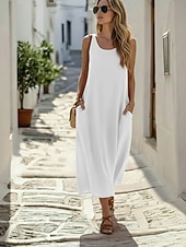 economico Vestiti-Per donna Abito Midi Finto cotone e lino Vestito Canotta Moderno All'aperto Vacanza Ferie Vestibilità comoda Semplice Senza Maniche Collo a U Bianco Rosa Arancione Estate Primavera