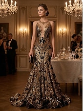 abordables Vestidos de Noche Sirena-Corte Trompeta Sirena Cola barrida Trajes de gala Vestidos de noche Corte Cenicienta Vestimenta formal Elegante Sin Mangas Escote de ilusión Carnaval Formal afroamericano Lentejuelas con Lentejuela