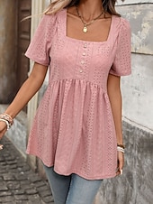 economico Bluse Eleganti-Per donna Camicia Camicia traforata Top traforato Blusa Bottoni Semplice Vintage Elegante Classico Manica Corta Collo quadrato Top Regolari Casuale Quotidiano Spiaggia Nero Bianco Rosa Azzurro cielo