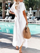 voordelige Witte Casual Jurken-Dames Maxi-jurk Zonnejurk Witte jurk Modieus Klassiek Modern Buiten Vakantie Uitgaan Normale pasvorm Effen Korte mouw Overhemdkraag Wit Zomer Lente