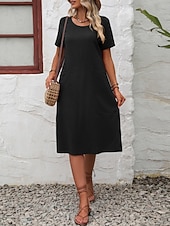 cheap Plain Dress-Women's Midi  Faux Cotton Linen  Dress A Line Dress Summer Dress Casual Daily Loose Fit Plain Short Sleeve Crew Neck Black Orange Army Green Apricot Summer