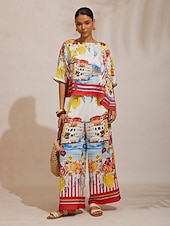 preiswerte Hose-Santorini Sommerhose aus seidigem Material mit elastischem Bund und weitem Bein