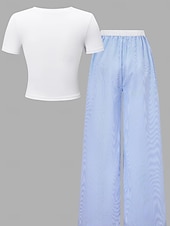 economico Completi per bambine-2 Pezzi Bambini Ragazze Grafico Tasca T-shirt e pantaloni Impostato Manica Corta Sport Casuale 7-13 Anni Estate Blu