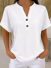 abordables T-shirt uni-Femmes Tee-shirt Gaufre T-shirt Boutons Devant Manchette roulée Élégant Occasionnel Manche Courte Col en V Hauts Réguliers Quotidien Sortir Vêtements de vacances Blanche Kaki Été Printemps