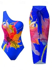 baratos Fatos de Banho 1 Peça-Mulheres Roupa de Banho 2 partes Monoquíni Saia roupa de banho Compressão abdominal Cintura Alta Delgado Frente Única Férias Roupa de Praia Floral Pescoço Assimétrico Sem Manga Fatos de banho
