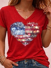  Amerykański Dzień Niepodległości Damskie Podkoszulek Nadruk Graficzny Flaga Zabytkowe Elegancki Klasyczny Krótki rękaw W serek Zwykłe topy Codzienny Niebieski Czarny Biały Czerwony Lato Wiosna