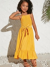 voordelige Casual jurken-Kinderen Voor meisjes Jurk Effen Kleur Mouwloos Casual Buiten Feest Lapwerk Aanbiddelijk Casual Kostuum Polyester Maxi Jurk met bandjes Zomer Lente 4 jaar + Geel