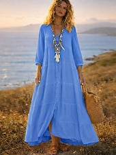 abordables Robes-Femmes Robe Maxi Robe maxi Robes effet lin Robe Chemise Robe d'Été Robe Caftan Vacances Basique Moderne Quotidien Week-end Coupe Ample Uni Manche 3/4 Col en V Bleu Blanche Jaune Été Printemps