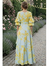 baratos Casamento Casual / Durante o Dia-Linha A Cauda Corte Vestidos de festa Floral vestido voador Manga Longa Decote V Festa de Jardim Convidado do casamento Polyester com Estampado Com tiras