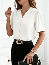 abordables Blusas Elegantes-Mujer Camisa Camisa con botones Camisa casual Botones Plano Elegante Clásico Moderno Manga Corta Escote en Pico Tops regulares Diario Festivos Noche Azul Piscina Negro Blanco Vino Albaricoque Verano