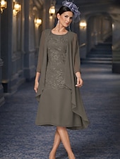 זול ערכות שמלות של אמא-שני חלקים מעטפת עמוד באורך הקרסול שמלת אורח לחתונה שמלה לאם הכלה  ללא שרוולים עם תכשיטים אלגנטית אורחת חתונה מסיבת החתונה שיפון תחרה שמלות ז'קט עם אפליקציות