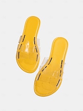 billiga Kvinnor-Färgglada gula strandtofflor för kvinnor - eleganta platta sandaler i genomskinlig PVC med H-remmar för tropiska semestrar och öresor &amp;sommarkläder vid poolen