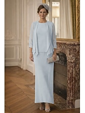 baratos Conjuntos de vestidos para mamãe-Duas Peças Tubinho Longo Vestido de convidada de casamento Vestido Para Mãe dos Noivos Manga Longa Scoop pescoço Elegante Formal Convidado do casamento Chiffon Embrulho incluido com Cor Única