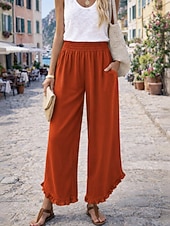  Mulheres Calças de linho de algodão Perna larga chinês Férias Roupa de rua Básico Comprimento total Cintura Média Tecido Bolsos Cintura elástica Confortável Respirável Sem Elasticidade Diário Ao ar