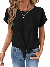 abordables T-shirt uni-Femmes T-shirt Nœud Uni Mode Élégant Classique Manche Courte Col ras du cou Hauts Réguliers Quotidien Sortir Week-end Noir Blanche Vin Marron Beige Été Printemps
