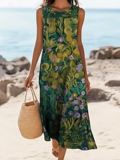  Women's Midi Dress Faux Cotton Linen Shift Dress Sundress Casual Dress Vintage Daily Outdoor Beach Regular Fit Floral Sleeveless Crew Neck Dark Green Purple Green Rainbow Summer Spring
