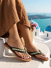 preiswerte Rutschsandalen-Schwarze Boho-Flip-Flops mit Perlenbesatz für Damen – bequeme flache Sandalen mit türkisfarbenen Akzenten &amp;Akzente aus Holzperlen für Inselurlaube, Santorini-Urlaube &amp;Strandspaziergänge