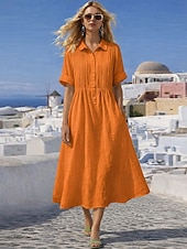 abordables Vestidos-Mujer Vestido Midi Vestidos con tacto de lino Vestido de Camisa Vestido Kaftan Moda Moderno Diario Exterior Vacaciones Ajuste regular Plano Manga Corta Cuello Camisero Azul Piscina Blanco Rosa Rojo