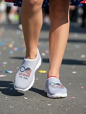  Women's White Patriotic Slip-On Sneakers – Lightweight Breathable Walking Shoes with American Flag Print Graphic for Casual Wear, Holiday Events, Travel and Outdoor Activities