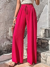 cheap Wide Leg &amp; High Waisted-Women's Wide Leg Chinos Vacation Streetwear Casual Full Length Medium Waist Plain Drawstring Pocket Elastic Waist Comfy Comfort Breathable Micro-elastic Daily Outdoor Streetwear Pea-Green Black Red