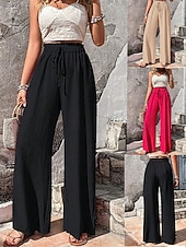 cheap Wide Leg &amp; High Waisted-Women's Wide Leg Chinos Vacation Streetwear Casual Full Length Medium Waist Plain Drawstring Pocket Elastic Waist Comfy Comfort Breathable Micro-elastic Daily Outdoor Streetwear Pea-Green Black Red