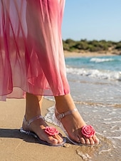 abordables Femmes-Sandales en plastique jaune pour femmes - sandales de plage romantiques et imperméables avec décoration de roses en 3D &amp;Bride de cheville ajustable pour les vacances d'été, les escapades sur les îles