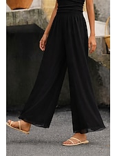 preiswerte weites Bein und hohe Taille-Damen Weites Bein Hosen Hose Urlaub Streetwear Leicht Volle Länge Hohe Taille Einfach Elastischer Bund Hoher Schnitt Atmungsaktivität Bequem Mikroelastisch Outdoor Ferien Alltagskleidung Schwarz Wei