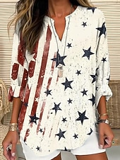  Ziua Independenței Americane Pentru femei Bluză Imprimeu Grafic Steag Epocă Tropical Hawaiană Manșon Lung În V Topuri lungi Zilnic Concediu Costum de plajă Alb Roșu / albastru Bej Vară Primăvară
