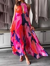 voordelige Elegante bloemenjurken-Dames Maxi-jurk Swingjurk Bloemetjesjurk Jurk met halternek Elegant Modieus Modern Buiten Vakantie Feest Ruim Passend Bloemig Mouwloos Halternek Oranje Bruin Rode roos Zomer Lente