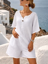 baratos Conjuntos Co-ord Falsos Essenciais-Conjunto feminino de shorts em linho sintético com estampa de algodão, manga 3/4, decote em V, cor sólida, estilo streetwear, casual, para uso diário, em tons de azul, branco e rosa, ideal para o