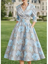 billige Te Lengde-A-linje Te-lengde Blazer kjoler Kjole til brudens mor Langermet Skjortekrage Elegant Årgang Formell Bryllupsgjest Bryllupsfest Sateng Jacquard med Plissert Blomst