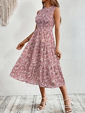 tanie Sukienki kwiatowe na co dzień-Damskie Sukienka midi Codzienne sukienki Sukienka A line Sukienka w kwiatki Elegancja Moda Nowoczesny Na zewnątrz Urlop Wyjściowe Regularny Kwiaty Bez rękawów Półgolf Niebieski Biały Rumiany róż Lato