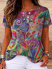 ieftine tricou boho-Tricouri pentru femei cu textură waffles T-shirt cu imprimeu colorat grafică tribală stilat clasic cu mânecă scurtă guler crew neck guler rotund tricouri obișnuite sport de zi cu zi albastru roșu