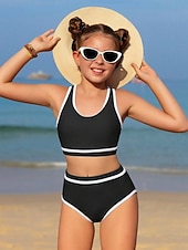 abordables Maillot de bain deux pièces-Maillot de bain Enfants Fille Extérieur Bloc de Couleur Vacances Maillots de bain 4 ans et + Été Bleu Noir Vert Véronèse