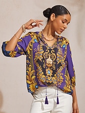 Недорогие Блузки и рубашки-Топ из барочного шифона темно-синего цвета с рукавами 3/4