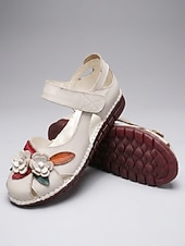 olcso Női lapos sarkú cipők-női bézs színű, valódi bőr Mary Jane szandál - vintage virágmintás, marhabőrből készült kényelmes cipő hétköznapi sétákhoz &amp;utazás