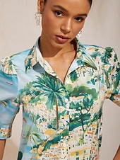 economico Abiti da vacanza-Per donna Abito Camicia Maxi in Raso Blu Manica Corta Natura morta Artistica Pop art Stile Artistico Stampa Primavera &amp; Estate Estate Primavera Colletto a Camicia Vacanza Casual S M L