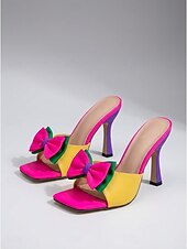 abordables Femmes-Mules à nœud papillon colorées pour femmes - rose fluo éclatant &amp;Sandales jaunes à talons hauts et bout carré pour les dîners en hôtel et les vacances tropicales. &amp;soirées