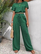 preiswerte Blusenanzüge für Damen-Damen Hosen-Sets Bolero Kurzarm Rundhals Einfach Kordelzug Mode Streetwear Lässig Täglich Outdoor Schwarz Weiß Hellgrün Sommer Normale Passform