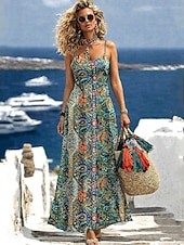 tanie Sztuka i projektowanie sukien-Damskie Sukienka maxi Sukienka letnia Sukienka A line Sukienka na ramiączkach Urlop Codzienny Plaża Wyjściowe Luźna Graficzny Zwierzę Panterka Bez rękawów W serek Czarny i biały Czarny Biały Czerwony