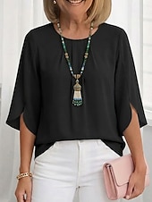 voordelige Effen Blouses-Dames Blouse Chiffon-topjes Met ruches Effen Actief Stijlvol Halve mouw Strakke ronde hals Normale tops Dagelijks Feestdagen Uitgaan Zwart Wit Lichtgroen Wijn Marineblauw Zomer Lente