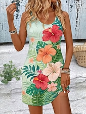 abordables Vestidos florales-Mujer Vestido hasta la Rodilla Vestido de verano Vestido de una línea Vacaciones Casual Boho Playa Fiesta Boda Ajuste regular Floral Graphic Sin Mangas Escote en U Azul Piscina Negro Morado Verde