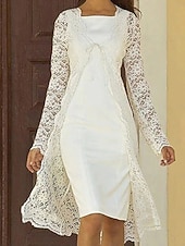 billige Mammas kjolesett-Todelt Linjeform Knelengde Gjestekjole til bryllup Kjole til brudens mor Ermeløs Firkantet hals Elegant Bryllupsgjest Bryllupsfest Kirke Chiffon Blonder Jakke kjoler med Ensfarget
